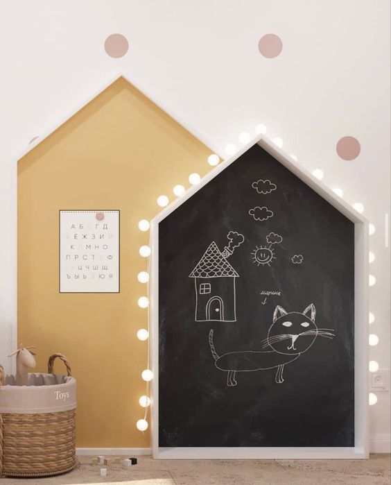 a child's room with a chalkboard drawing on the wall and lights around it