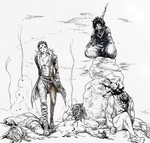 an ink drawing of two men standing on top of a rock with one holding a spear