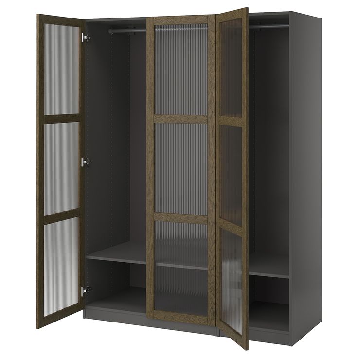 an open cupboard with doors and shelves on both sides, in front of a white background