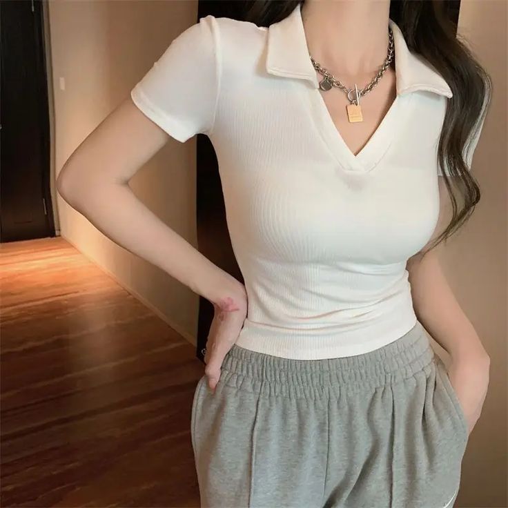 Polo Neck Shirt for Women Plain Coquette Clothes 100℅ Cotton Slim Sexy Woman T Crop Top Korean Cropped Tshirt, Small People, Slim Fit Crop Top, Vintage Short, Shirts Women, Neck Crop Top, Polo Shirt Women, Solid Clothes, Vintage Shorts