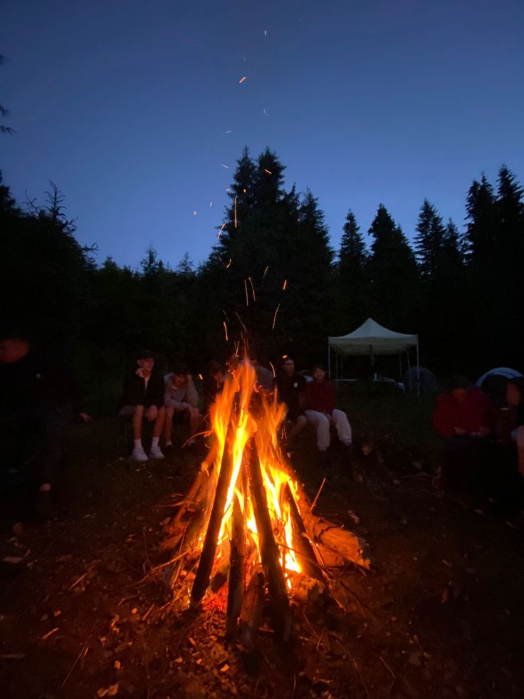 people sitting around a campfire at night with the sky in the backgroud