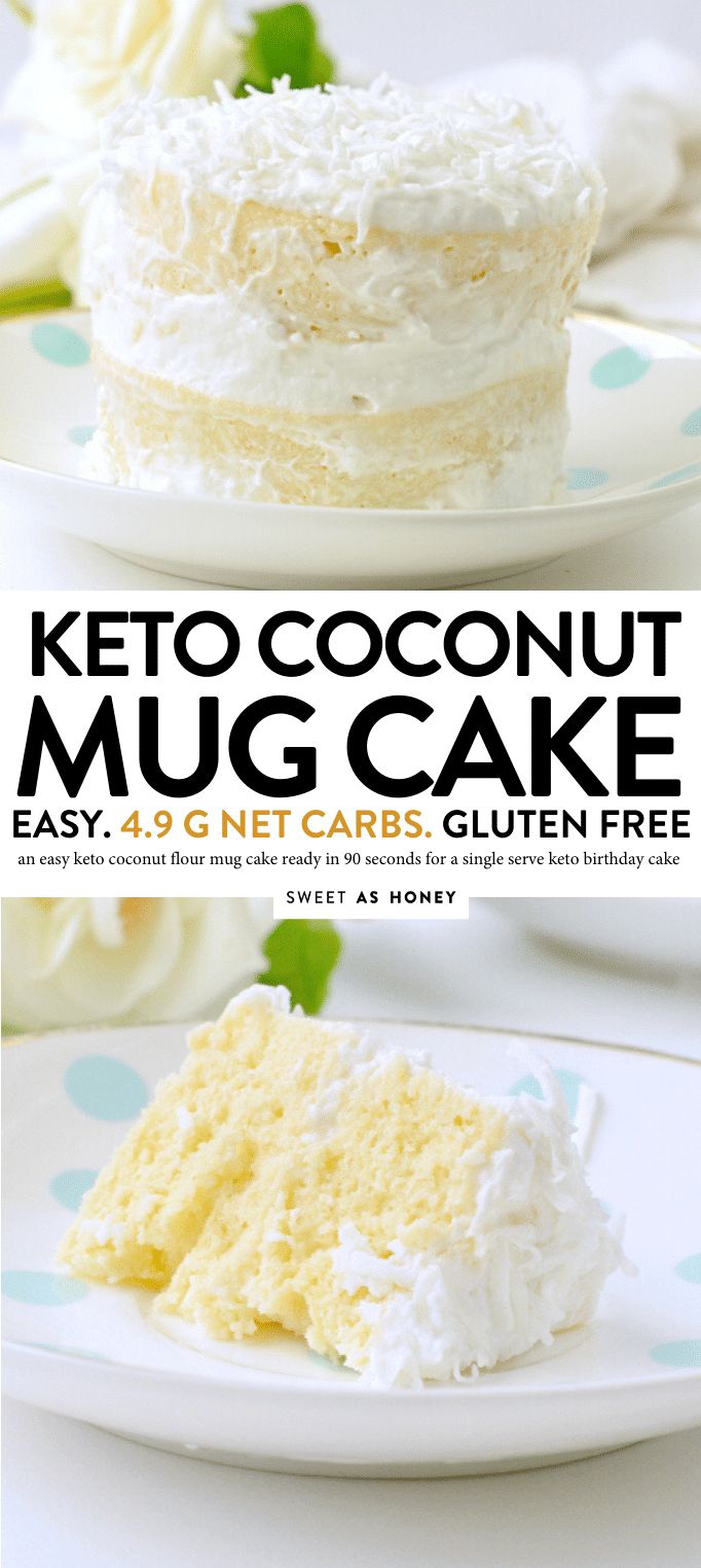 two cakes on plates with the words keto coconut mug cake next to one another