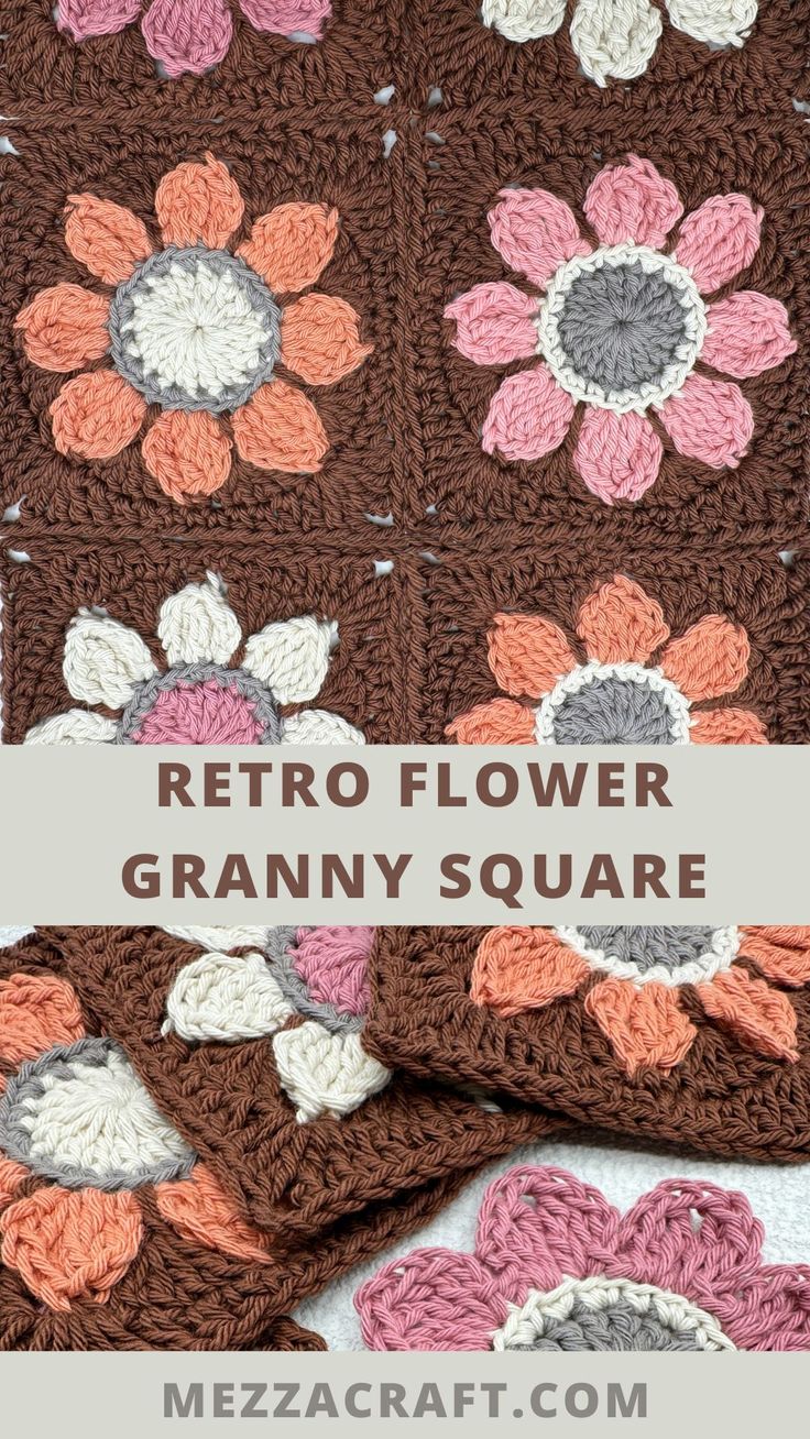 1970s style colors - browns, pinks and orange flower crochet pattern Crochet Granny Flower Square, Retro Crochet Patterns Free, Crochet Flower Granny Square Pattern Free, Sunflower Granny Square Pattern Free, Retro Flower Granny Square, Retro Crochet Patterns, Flower Granny Square Pattern Free, Retro Daisy Granny Square, Free Granny Square Crochet Pattern