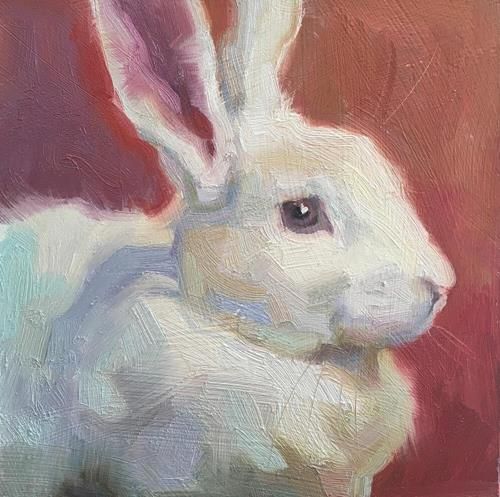 an oil painting of a white rabbit on a red and pink background, with one ear up