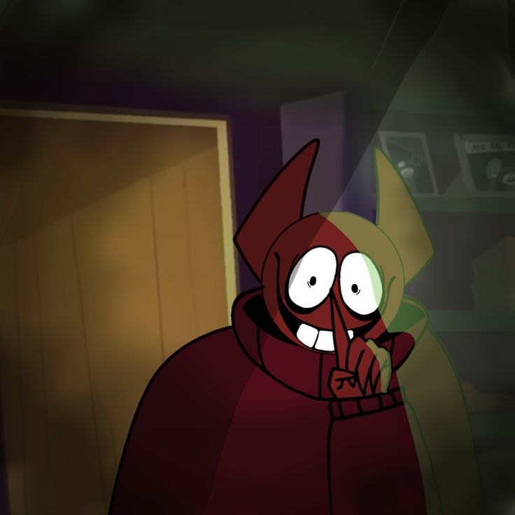 a cartoon character in a red cape with eyes and mouth wide open, standing next to a doorway