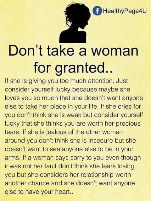 a woman's profile with the words don't take a woman for granited