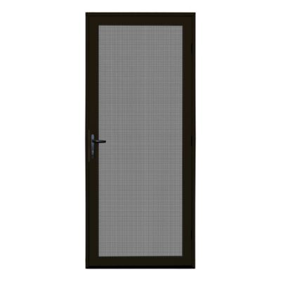 an open door with a screen on the front and side panels in dark brown color