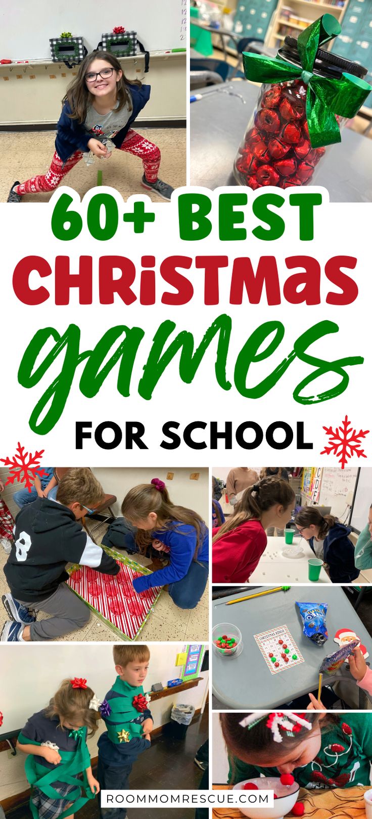 christmas games for kids to play in the classroom with text overlay that reads 60 best christmas games for school