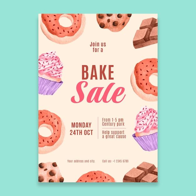 a flyer for a bake sale with donuts and cupcakes on it