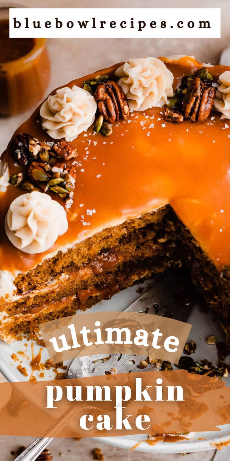 the ultimate pumpkin cake is ready to be cut into pieces and served on a plate