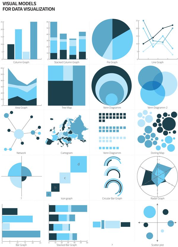 a bunch of different blue and white diagrams