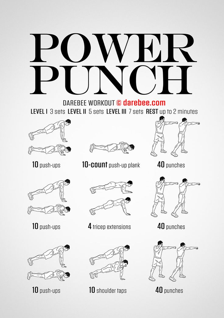 the power punch workout poster shows how to do it with dumbs and push ups