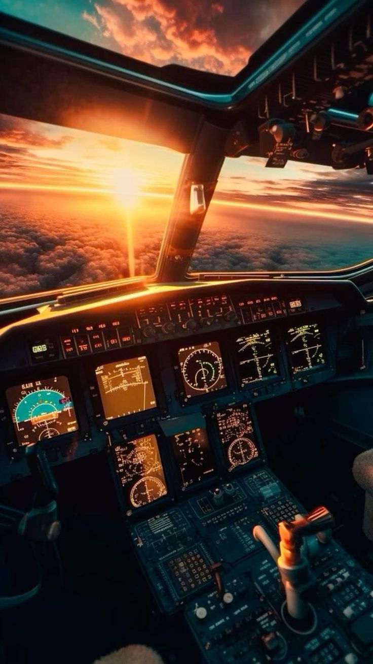 an airplane cockpit with the sun setting in the background and some clouds on the ground