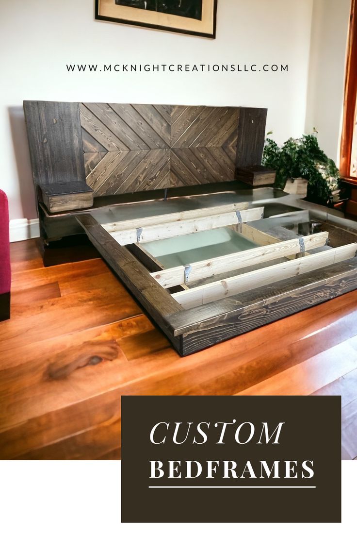 a bed frame made out of wood with the words custom bedframes on it