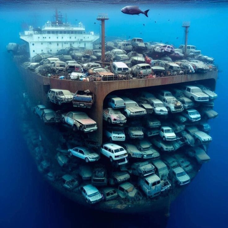 a large ship in the ocean with many cars stacked on it's bottom half