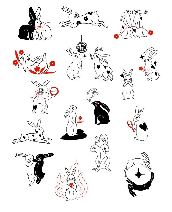 an image of rabbits in different positions on a white background with red and black ink