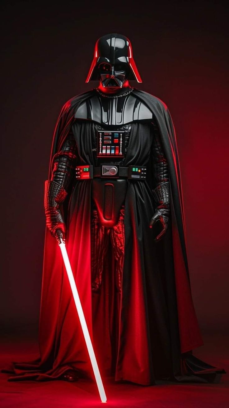 darth vader from star wars standing in front of a red background with his lights on