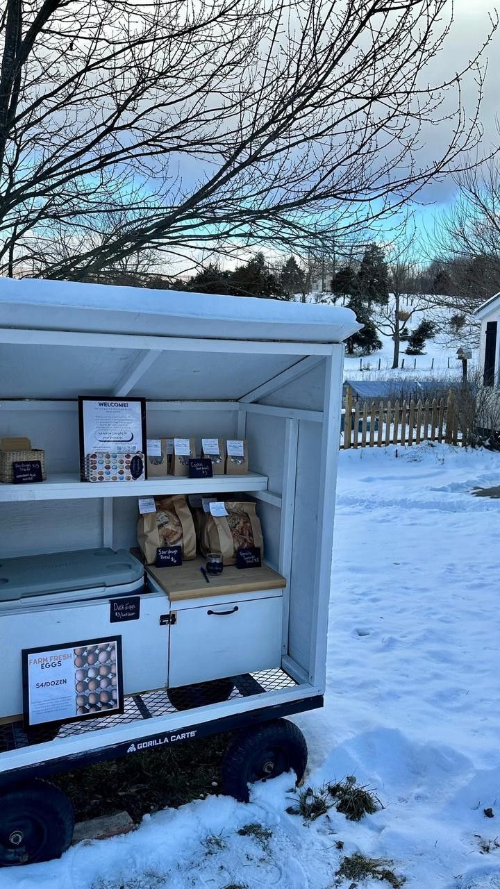 an ice cream cart in the snow with lots of food on it's shelves