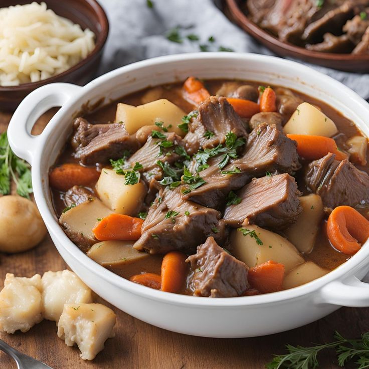 a white bowl filled with beef and potatoes on top of a wooden table next to other dishes