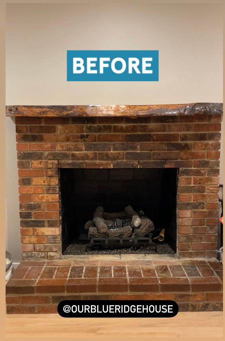 before and after photo of a brick fireplace with the words, before and after on it