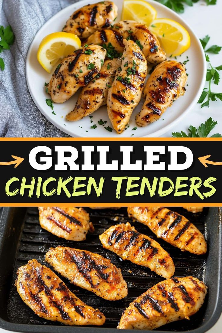 grilled chicken tenders on a grill with lemon wedges and parsley in the background