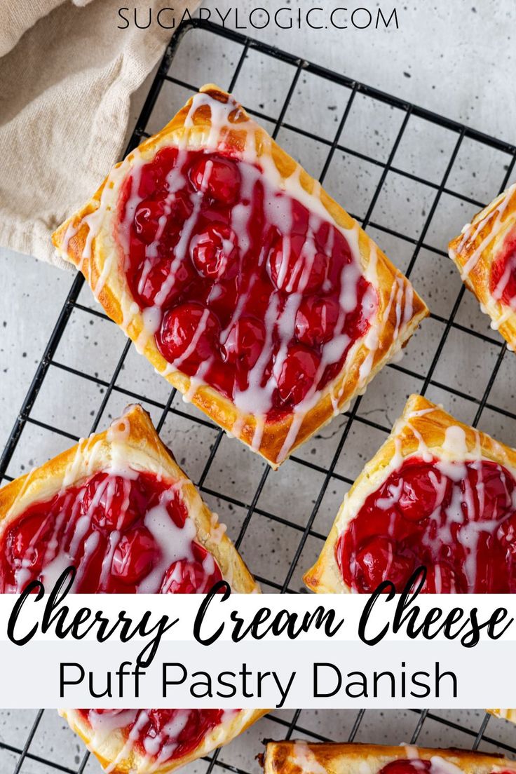 cherry cream cheese puff pastry danish on a cooling rack with the words cherry cream cheese puff pastry danish