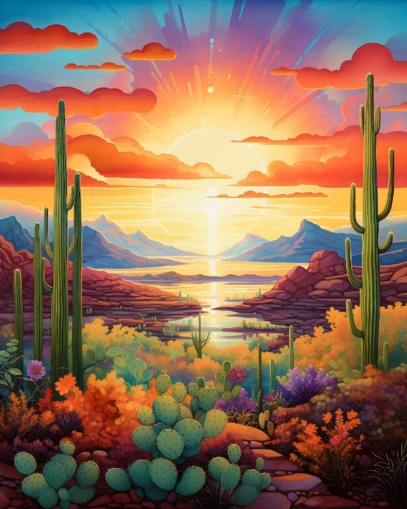 a painting of the sun setting over a desert with cacti and cactus trees