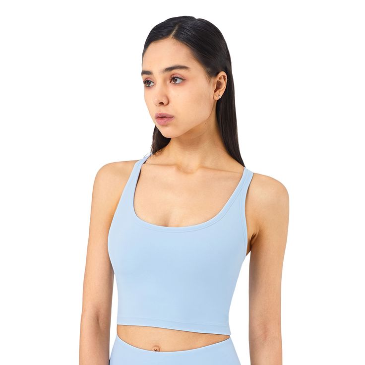 Light Blue Sportswear Push-up Tank Bra High Stretch Blue Sports Bra For Light Sports, Blue Stretch Activewear For Light Sports, Stretch Blue Activewear For Light Sports, Light Blue Sporty Activewear For Workout, Light Blue Athleisure Activewear For Gym, Light Blue High Stretch Sporty Activewear, Light Blue Stretch Sporty Activewear, Light Blue Sporty Tops For Gym, High Stretch Light Blue Activewear For Gym