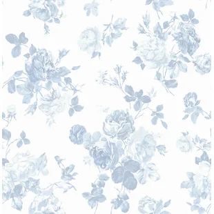 a blue and white wallpaper with flowers on it