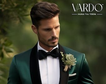 a man in a tuxedo and bow tie is looking at the camera while wearing a green suit