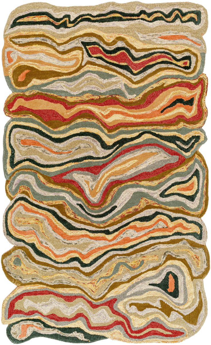 a multicolored area rug with wavy lines on the top and bottom of it