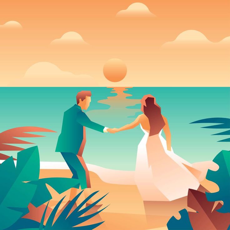 a man and woman holding hands on the beach with palm trees in the foreground