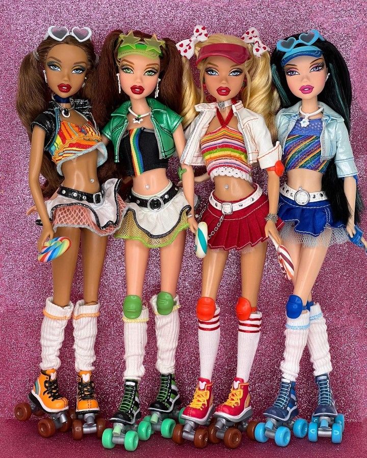 three barbie dolls standing next to each other on a skateboard in front of a pink background