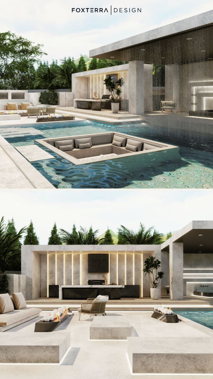 two pictures of a modern house with pool and lounge area in the middle, one is empty