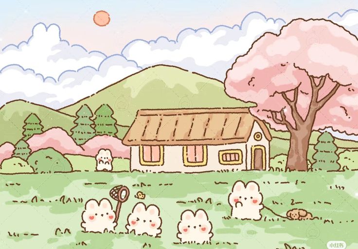 an image of a house with rabbits in the grass near trees and mountains behind it