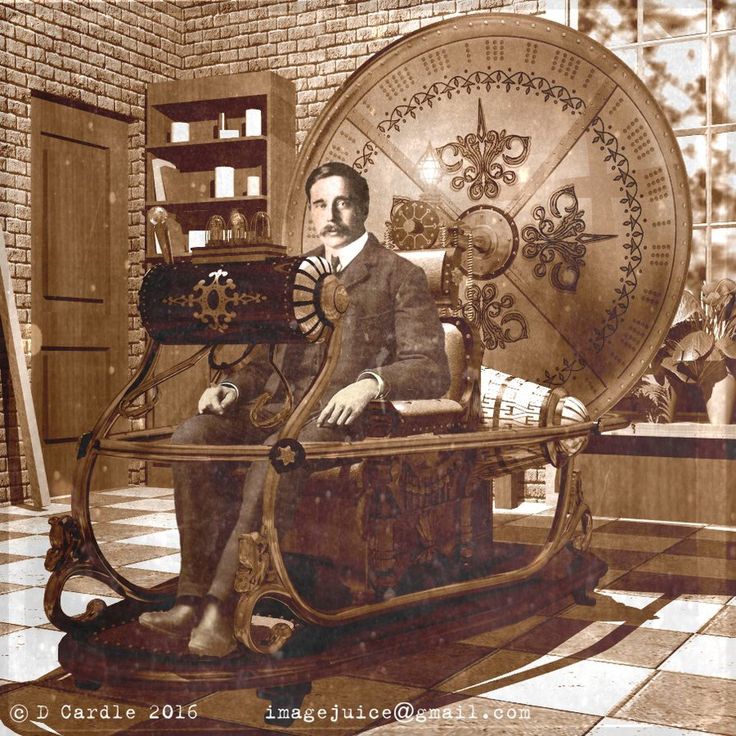 an old photo of a man sitting in front of a spinning wheel