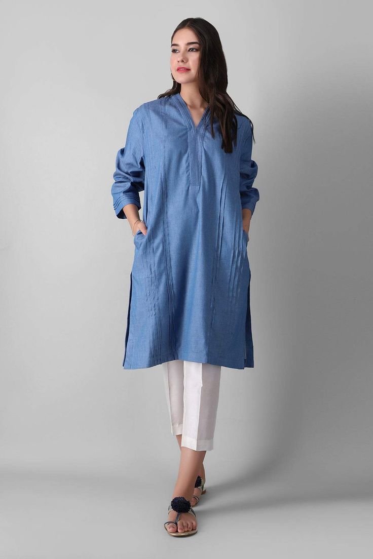 Eete21320 Blue  Khaadi Ready to Wear 2021 Casual Long Sleeve Kurta With Pockets, Casual V-neck Kurta For Spring, Blue V-neck Kurta For Spring, Casual Tunic Kurta For Spring, Casual Long-sleeve Kurta With Pockets, Casual Spring Straight Kurta, Casual Long Sleeve Kurta For Summer, Indigo Collared Top For Spring, Spring Indigo Collared Tops