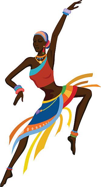 an african woman dancing with her arms in the air, wearing colorful clothing and headbands