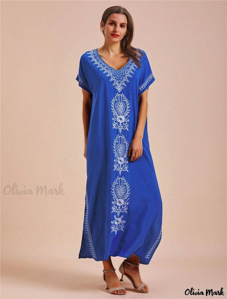 Olivia Mark - Embroidered Beach Cover-Up Dress with Long Robe Style and Bikini Sun Protection in Cotton V-neck Embroidered Maxi Dress For Summer, Summer Embroidered Short Sleeve Maxi Dress, Embroidered Short Sleeve Maxi Dress For Summer, Summer Embroidered Maxi Dress With Short Sleeves, Casual Floral Embroidered Maxi Dress For Beach, Casual Embroidered Maxi Dress For Vacation, Summer Vacation Embroidered Maxi Dress, Embroidered Maxi Dress For Summer Vacation, Summer Beach Maxi Dress With Floral Embroidery