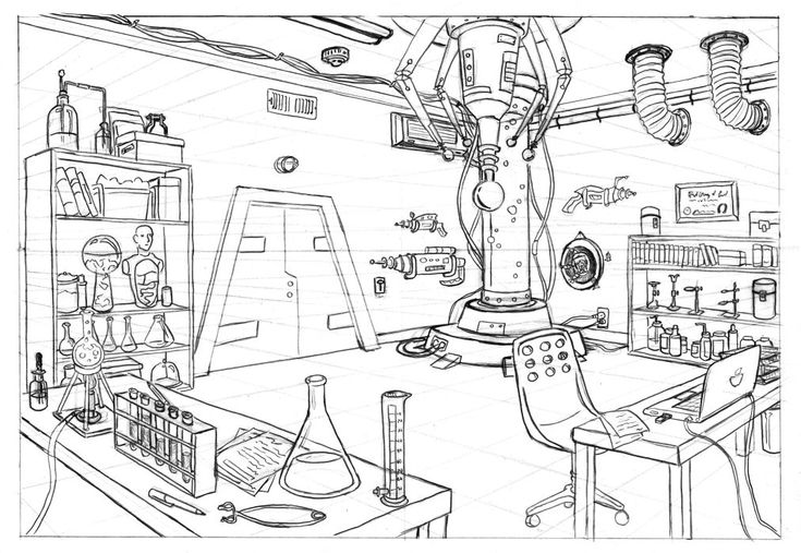 a black and white drawing of a lab with equipment on the desk, including microscopes