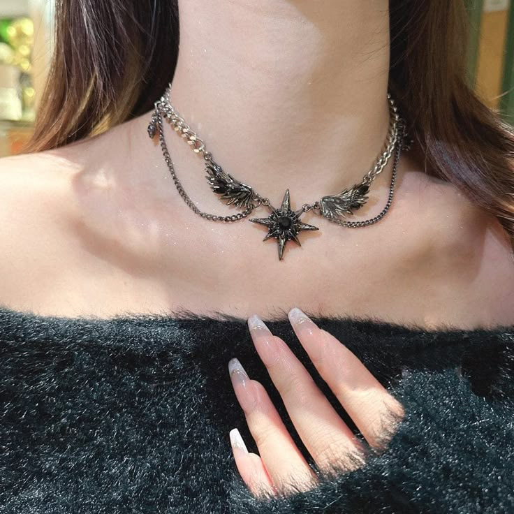 Length: 41-50cm Silver Star-shaped Choker For Party, Edgy Silver Star-shaped Jewelry, Gothic Black Alloy Necklaces, Gothic Alloy Clavicle Chain Necklace, Black Gothic Alloy Necklaces, Black Alloy Punk Necklace, Gothic Clavicle Chain Necklace In Alloy, Punk Star-shaped Necklace For Parties, Edgy Black Alloy Jewelry