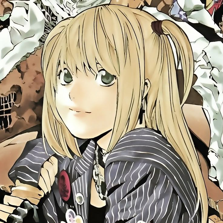 an anime character with blonde hair and blue eyes wearing a striped shirt, standing in front of white flowers