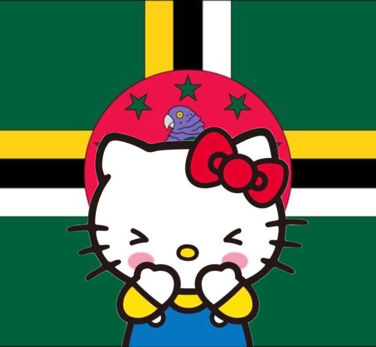 hello kitty is standing in front of the flag