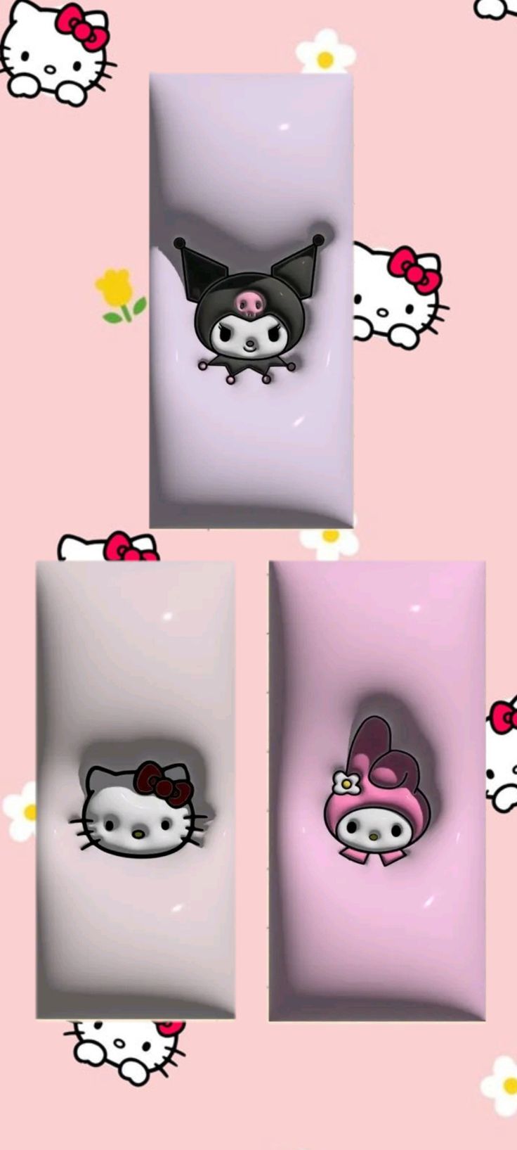 hello kitty wallpapers are shown in three different colors and sizes, including one with an image of a cat on it