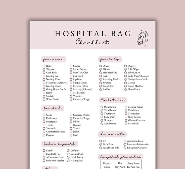 the hospital bag checklist is shown in pink and white with black writing on it