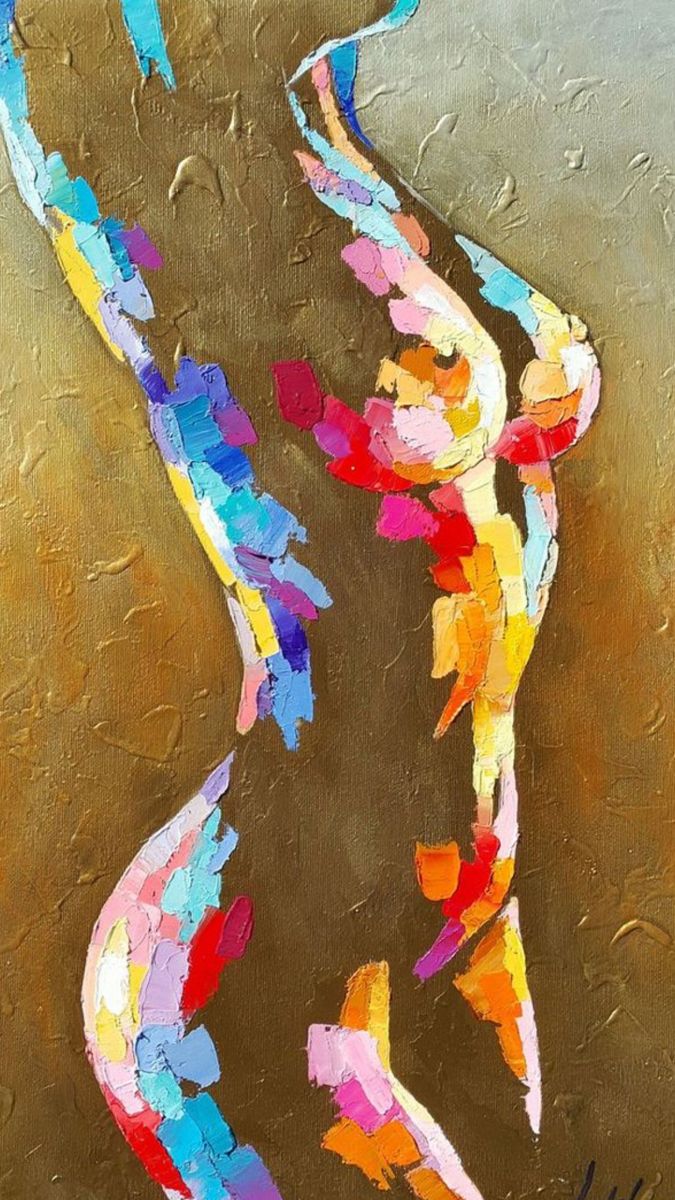 an abstract painting of a woman's body with colorful paint strokes on the bottom