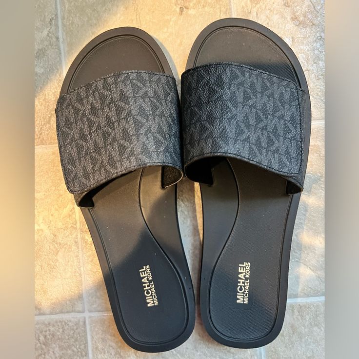 Brand New Michael Kors Slides, With Velcro To Fit To Your Liking Michael Kors Slides, Michael Kors Shoes, Michael Kors Black, Cute Shoes, Slides, Michael Kors, Slippers, Brand New, Women Shopping