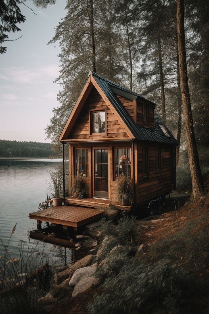 a small wooden cabin sitting on top of a lake