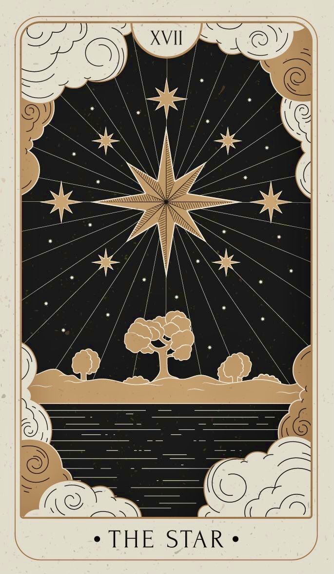 the star tarot card is shown in gold and black, with clouds surrounding it