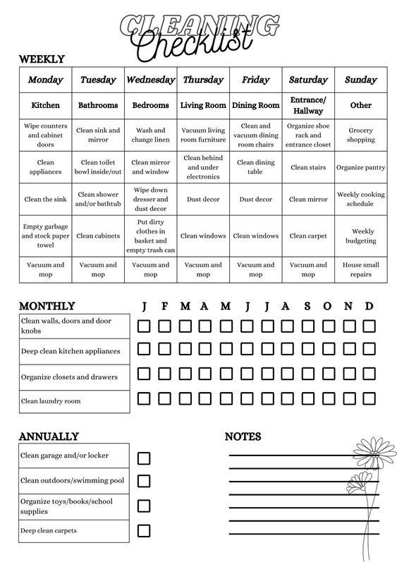 the printable cleaning checklist is shown in black and white, with flowers on it